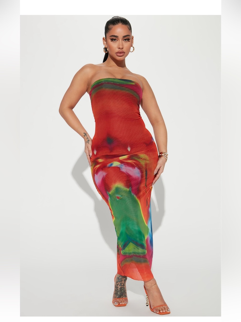 Strapless Red Multi-Color Bodycon Midi Dress 🎰